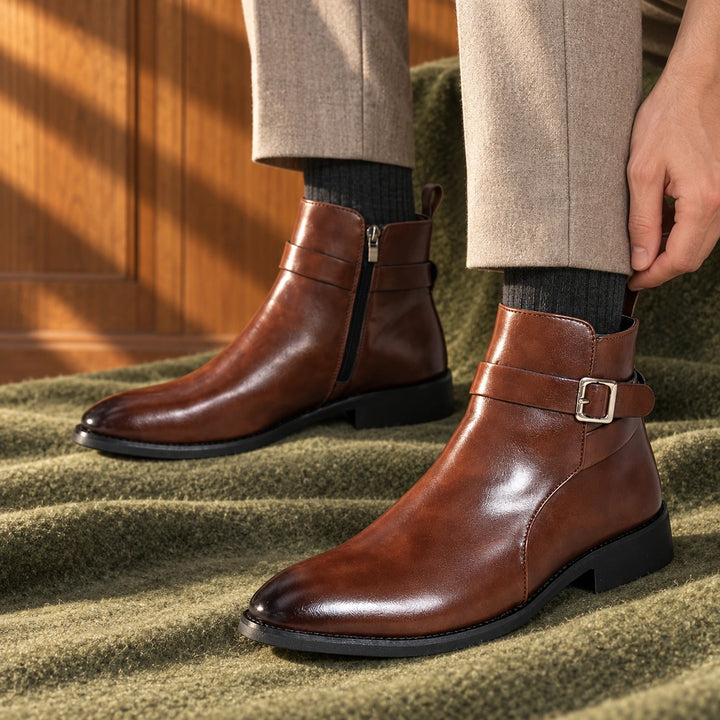 Jethro Genuine Leather Buckle Strap Ankle Boots - Brown