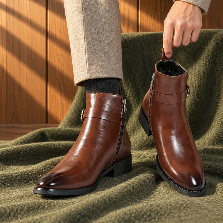 Jethro Genuine Leather Buckle Strap Ankle Boots - Brown