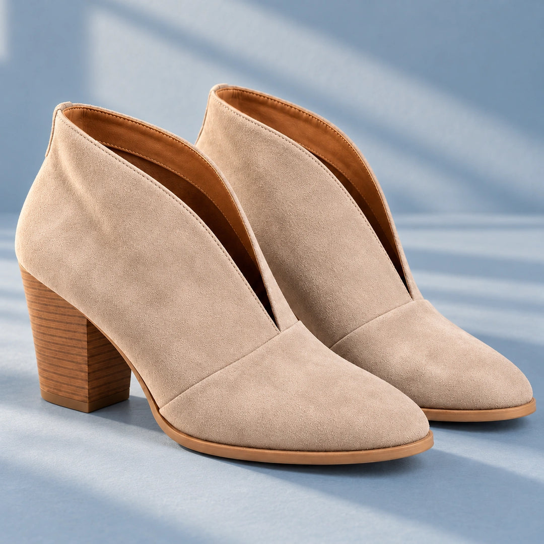 Josefina Suede Look V Dip Stacked Heel Booties - Beige