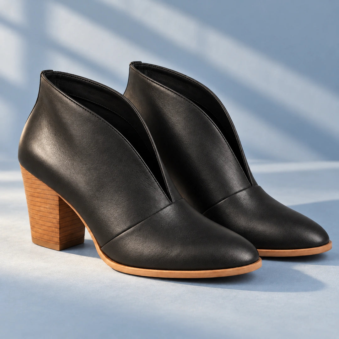 Josefina Suede Look V Dip Stacked Heel Booties - Black