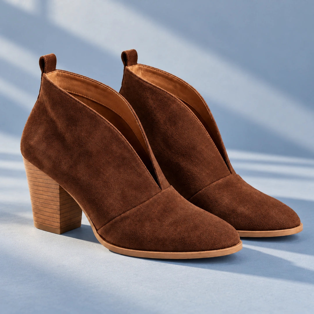 Josefina Suede Look V Dip Stacked Heel Booties - Brown