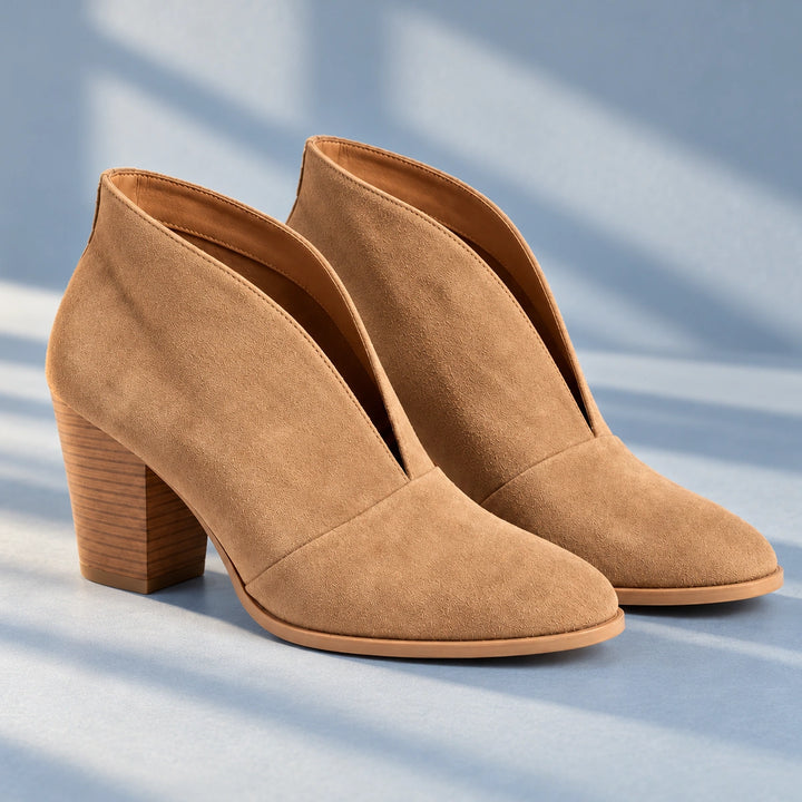 Josefina Suede Look V Dip Stacked Heel Booties - Camel