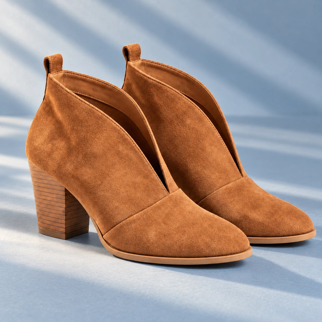 Josefina Suede Look V Dip Stacked Heel Booties - Tan
