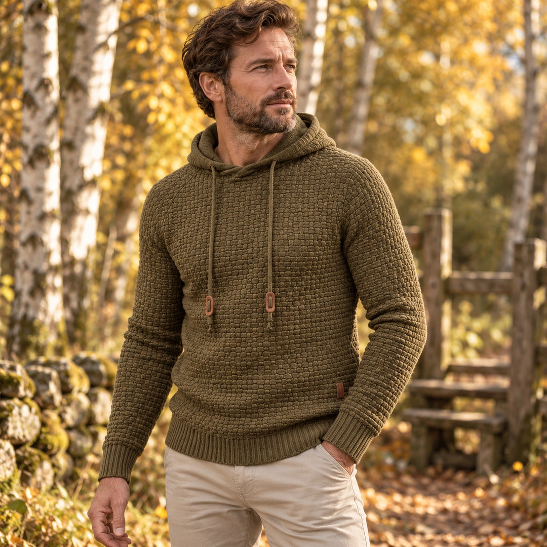 Jude Basket Weave Knit Hooded Sweater - Army Green
