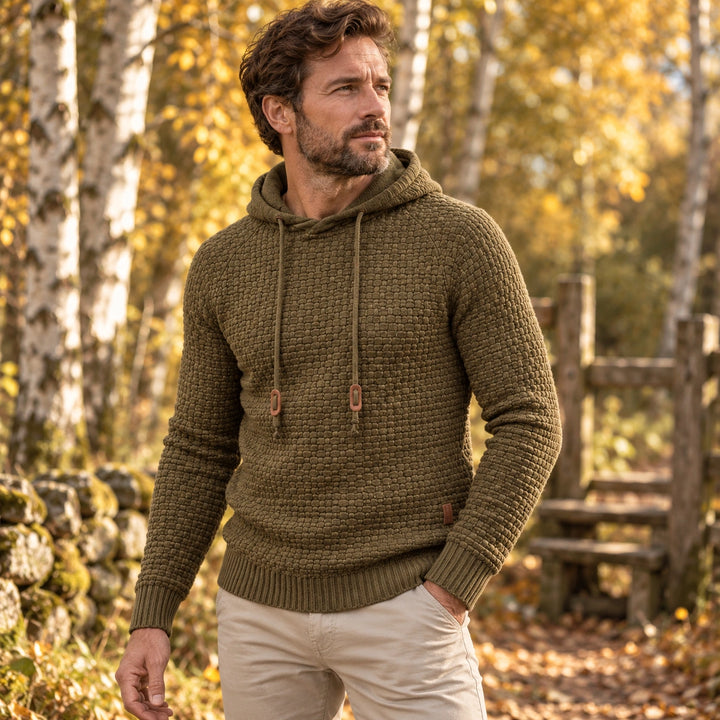 Jude Basket Weave Knit Hooded Sweater - Army Green