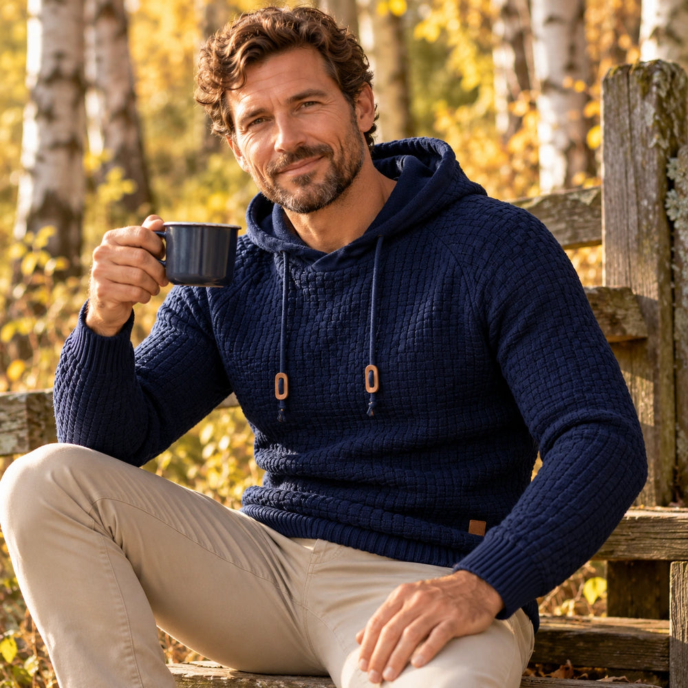 Jude Basket Weave Knit Hooded Sweater - Navy
