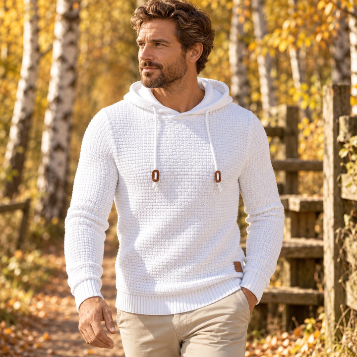 Jude Basket Weave Knit Hooded Sweater - White