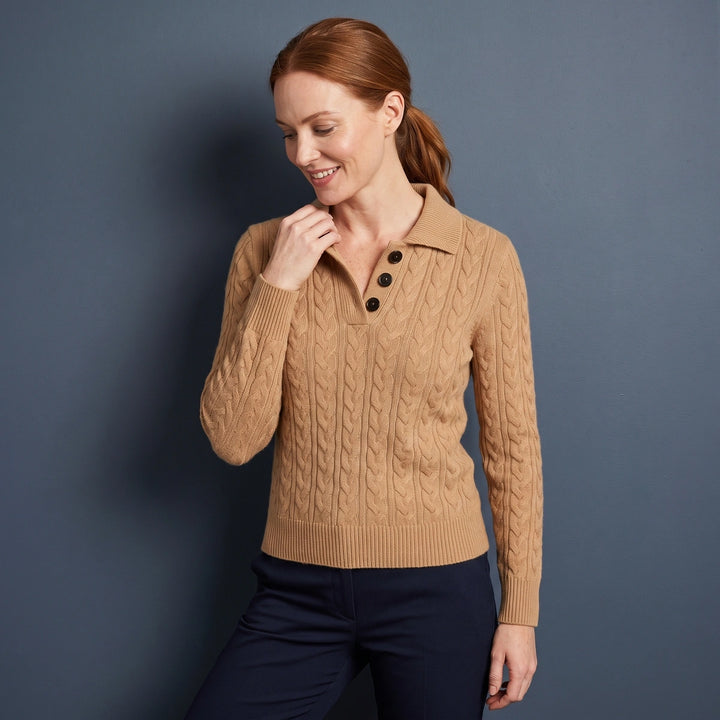 Juliana Wool Cashmere Cable Knit Button Sweater - Beige