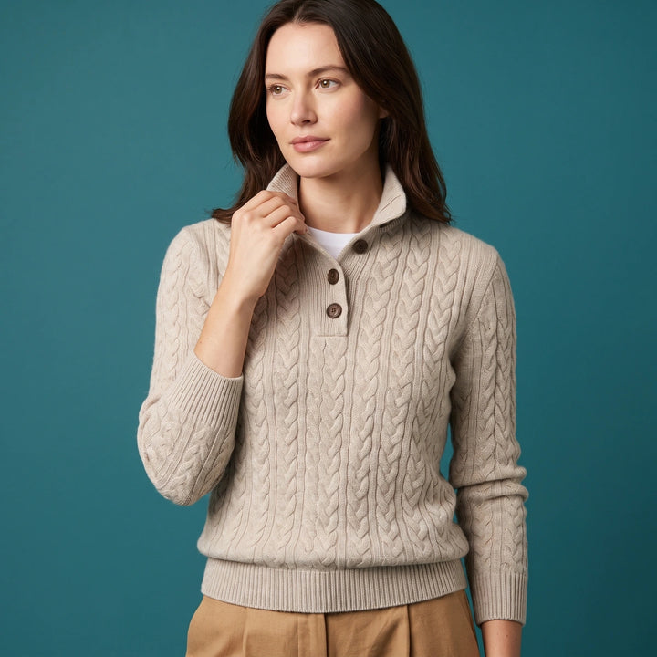 Juliana Wool Cashmere Cable Knit Button Sweater - Gray