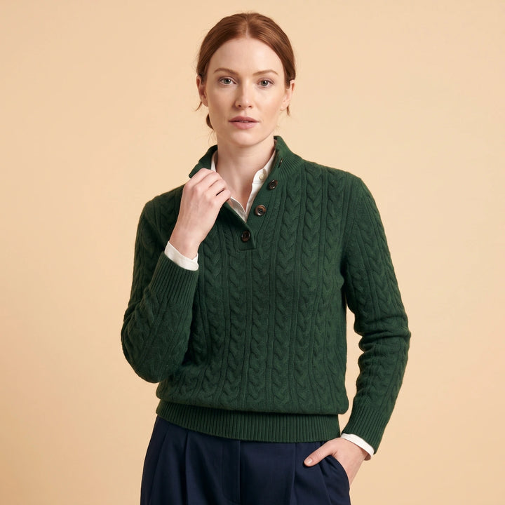 Juliana Wool Cashmere Cable Knit Button Sweater - Green