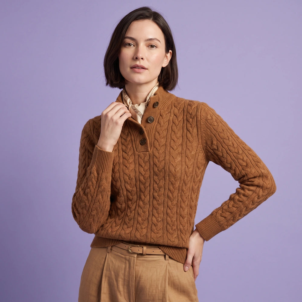 Juliana Wool Cashmere Cable Knit Button Sweater - Orange