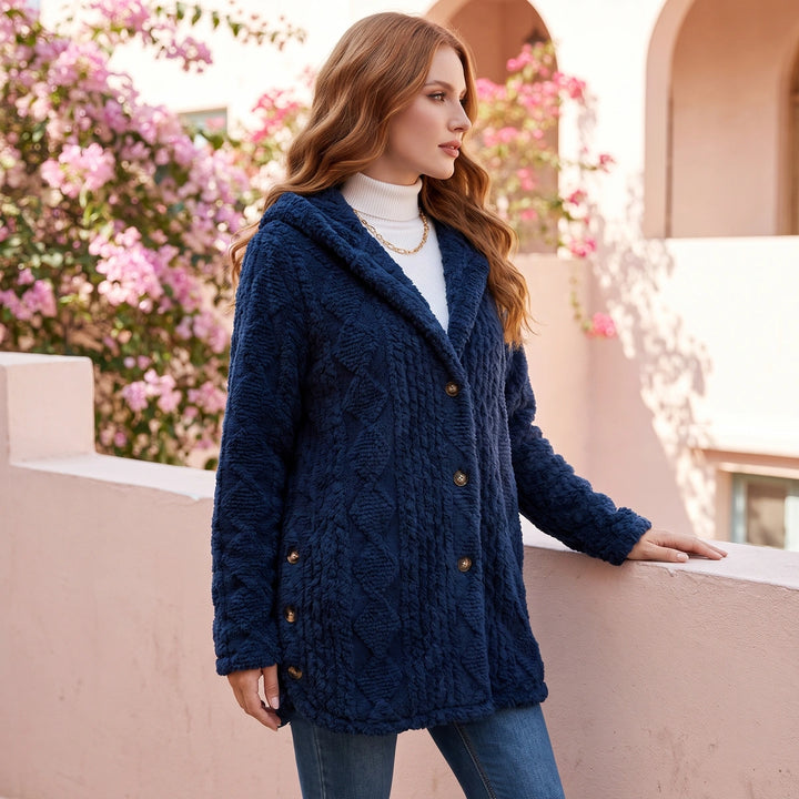 Juniper Plush Cable Knit Hooded Cardigan - Navy Blue