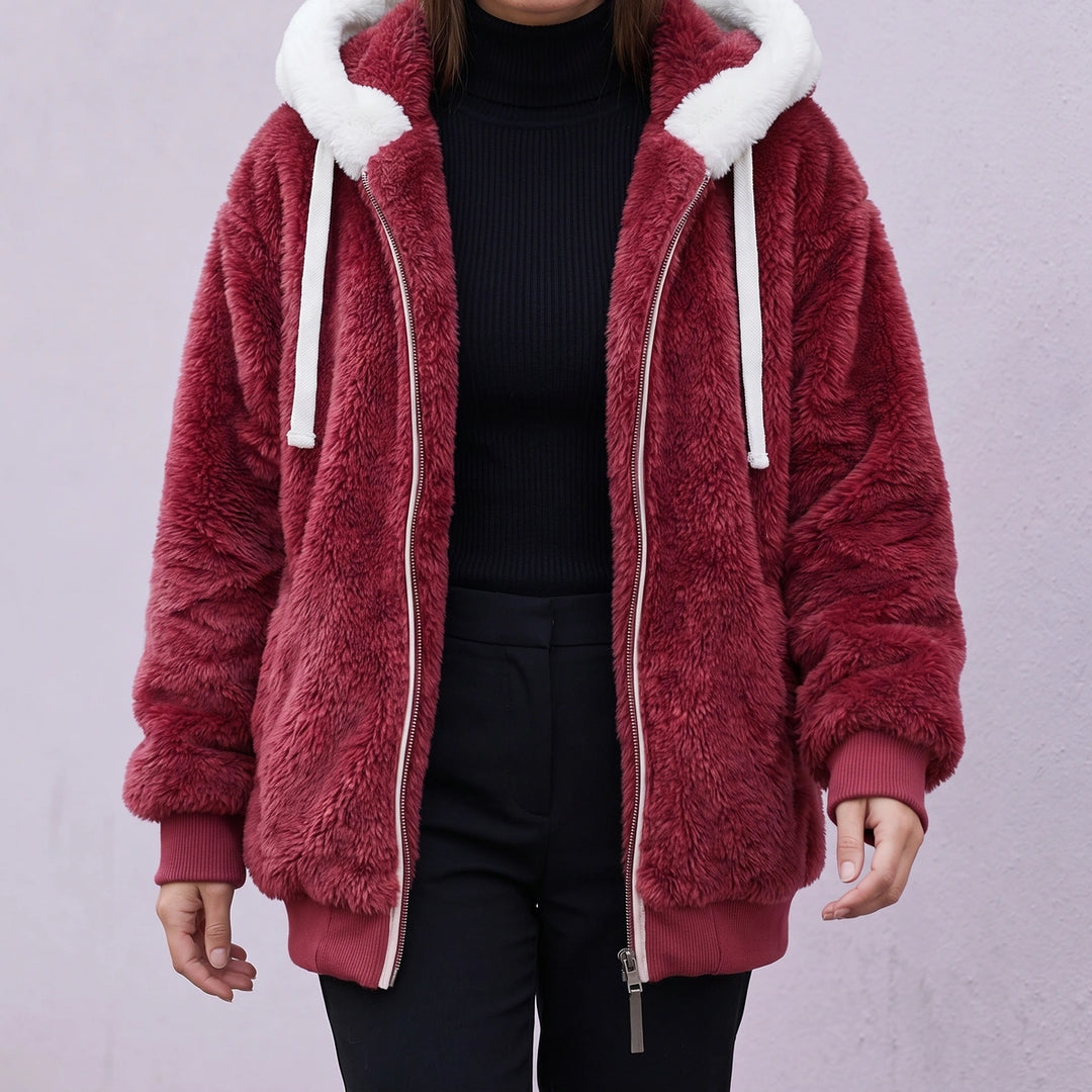 Kara Sherpa Fleece Hooded Jacket - Red