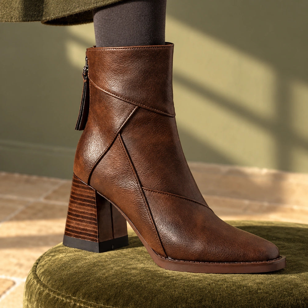 Keira Leather Patchwork Block Heel Ankle Boots - Espresso