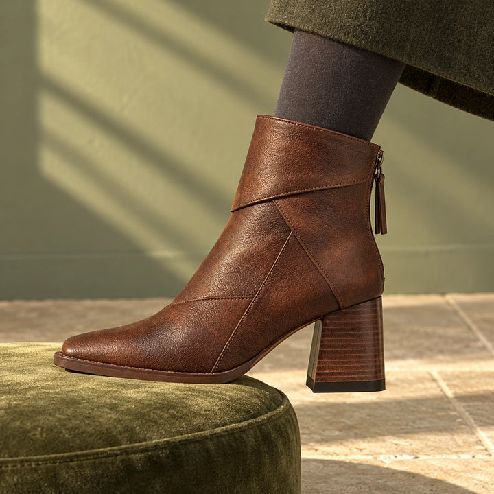 Keira Leather Patchwork Block Heel Ankle Boots - Espresso