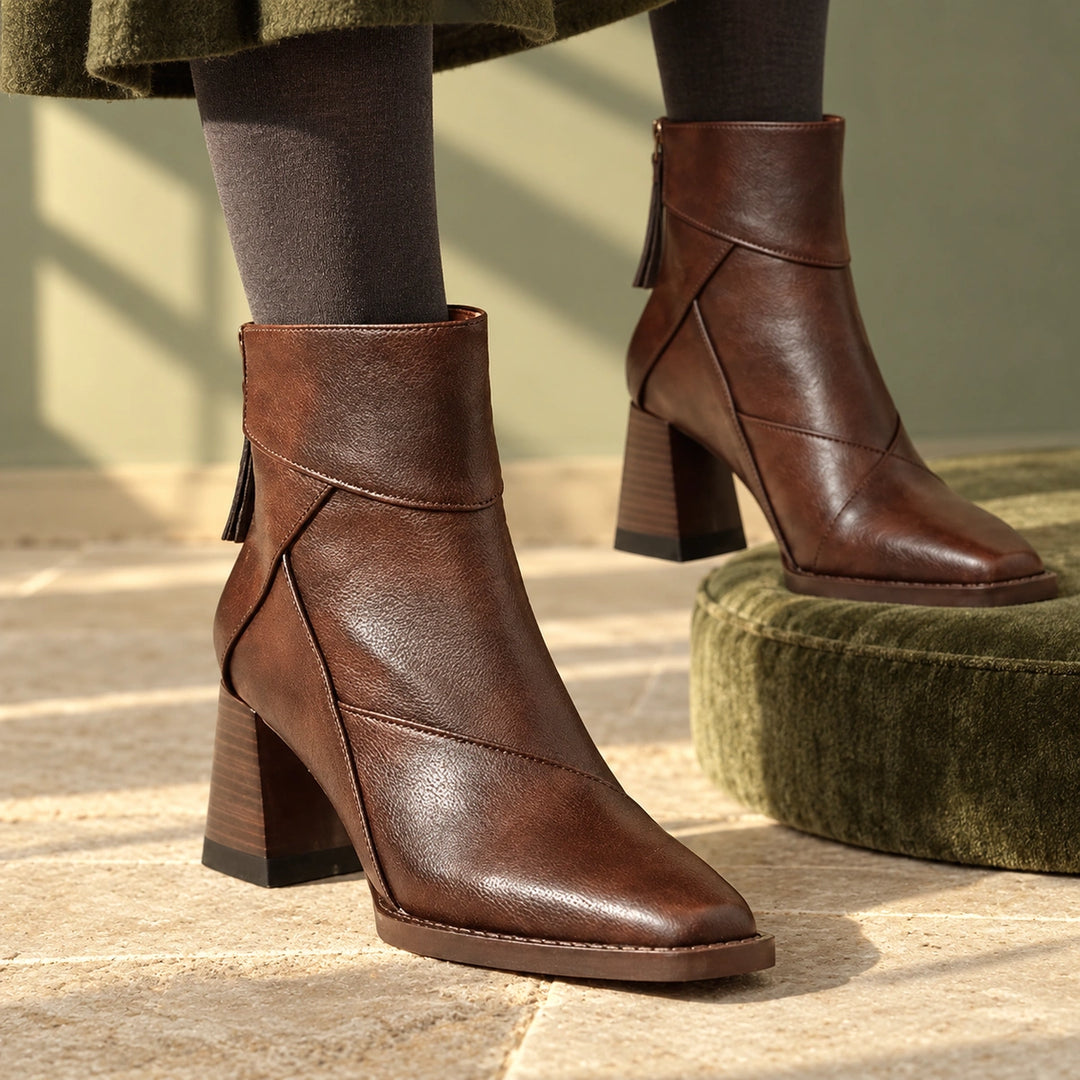 Keira Leather Patchwork Block Heel Ankle Boots - Espresso