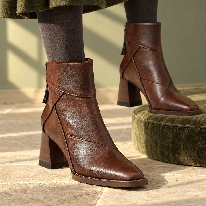 Keira Leather Patchwork Block Heel Ankle Boots - Espresso