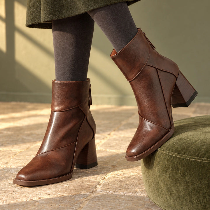 Keira Leather Patchwork Block Heel Ankle Boots - Espresso