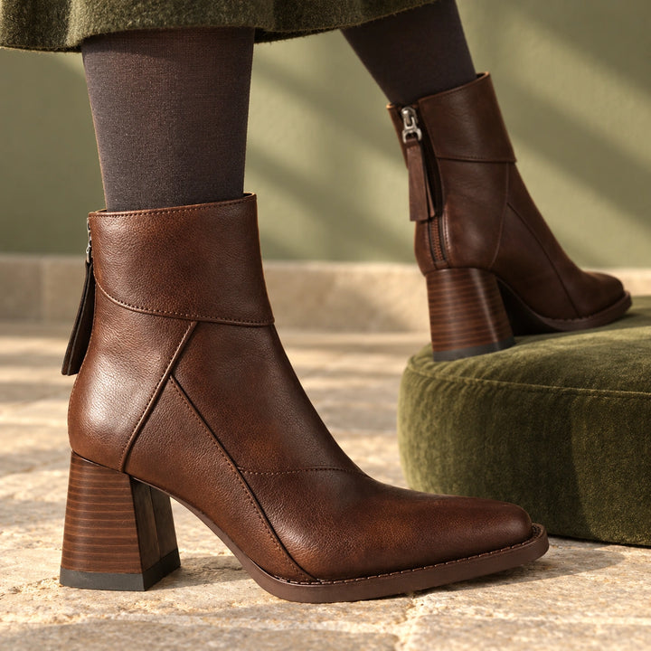 Keira Leather Patchwork Block Heel Ankle Boots - Espresso