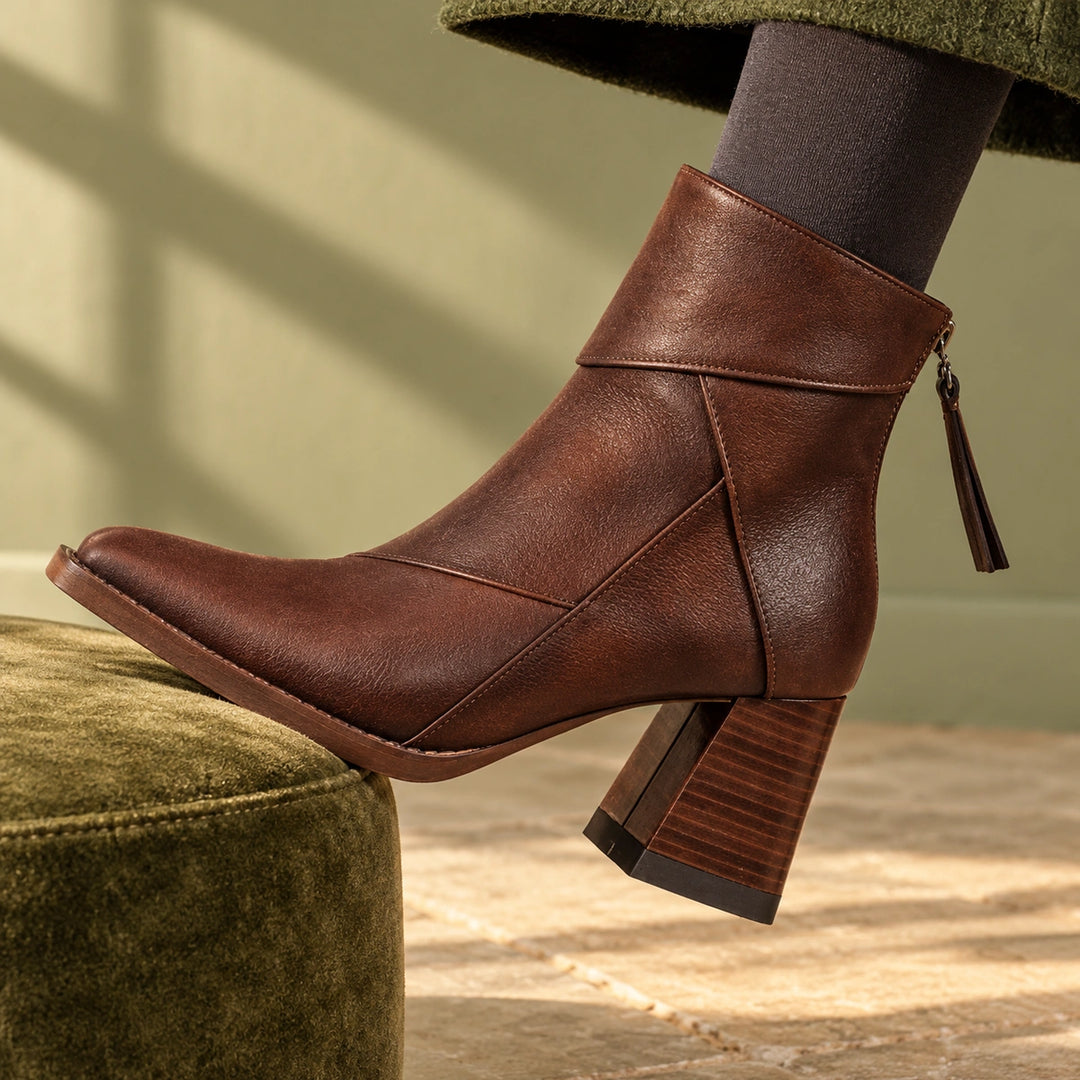 Keira Leather Patchwork Block Heel Ankle Boots - Espresso