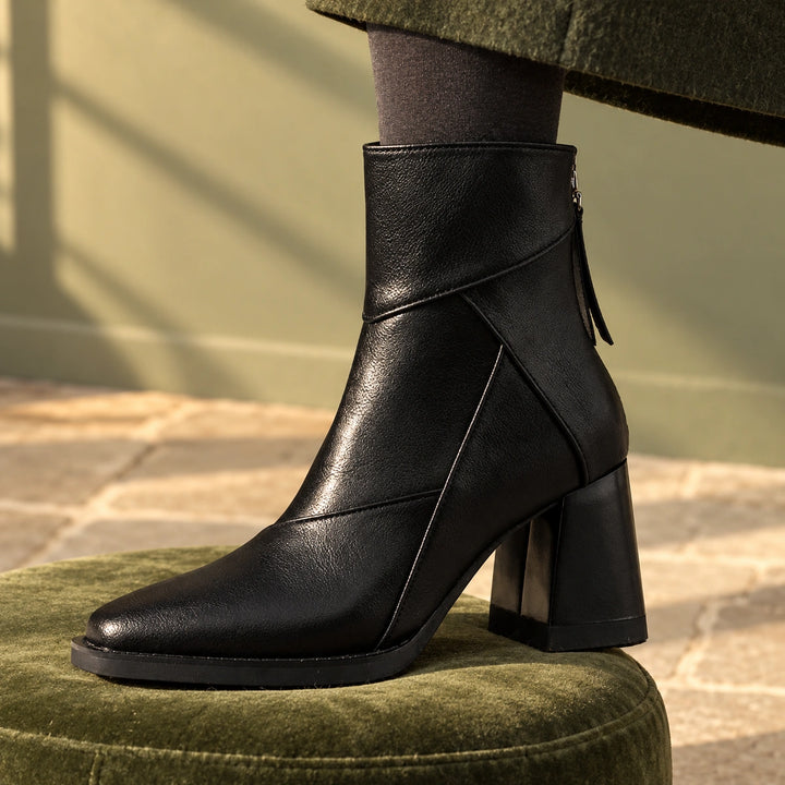 Keira Leather Patchwork Block Heel Ankle Boots - Midnight