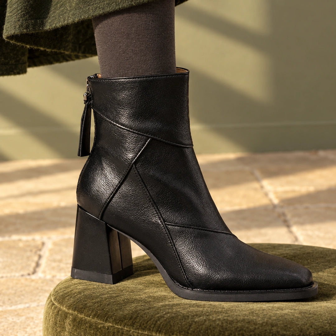 Keira Leather Patchwork Block Heel Ankle Boots - Midnight