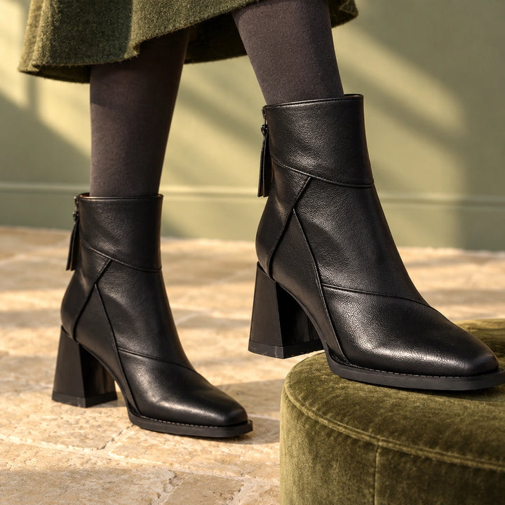 Keira Leather Patchwork Block Heel Ankle Boots - Midnight