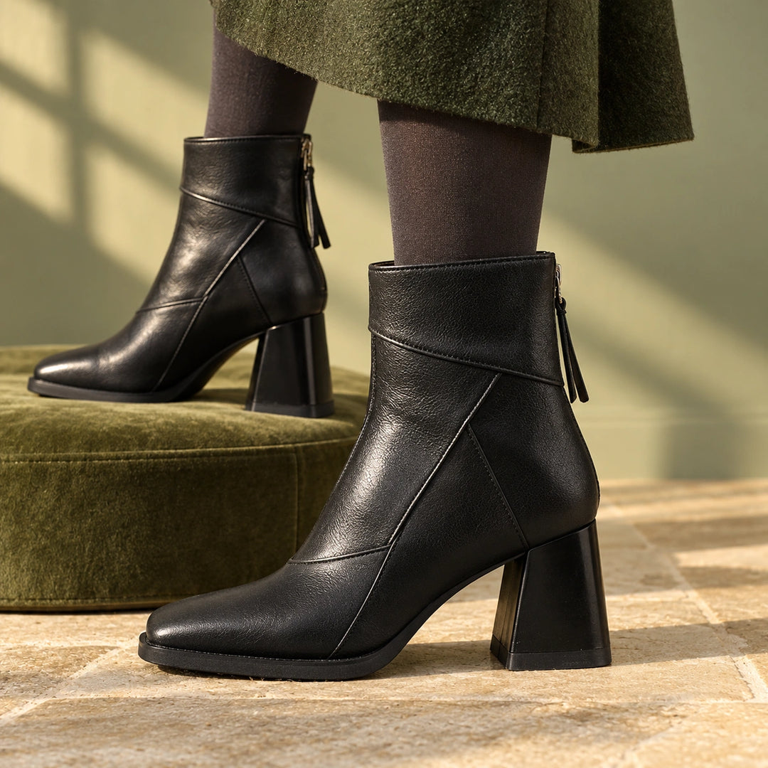 Keira Leather Patchwork Block Heel Ankle Boots - Midnight