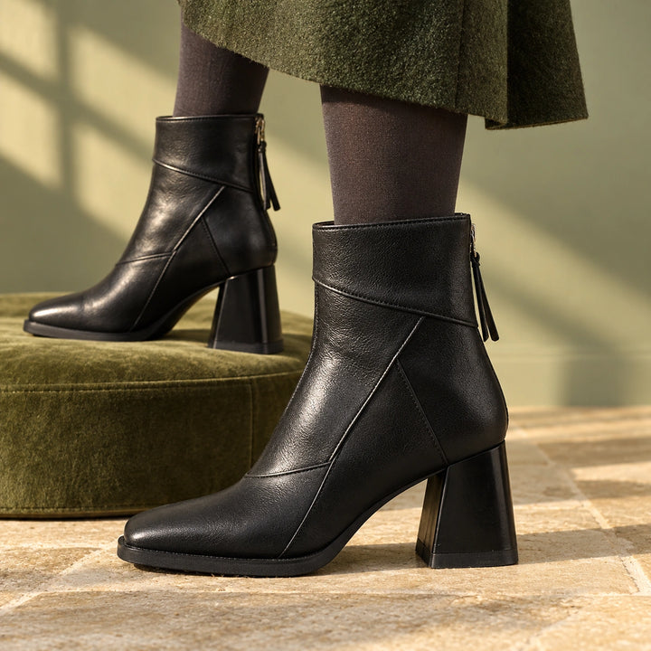 Keira Leather Patchwork Block Heel Ankle Boots - Midnight