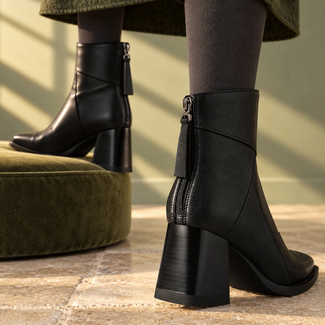 Keira Leather Patchwork Block Heel Ankle Boots - Midnight