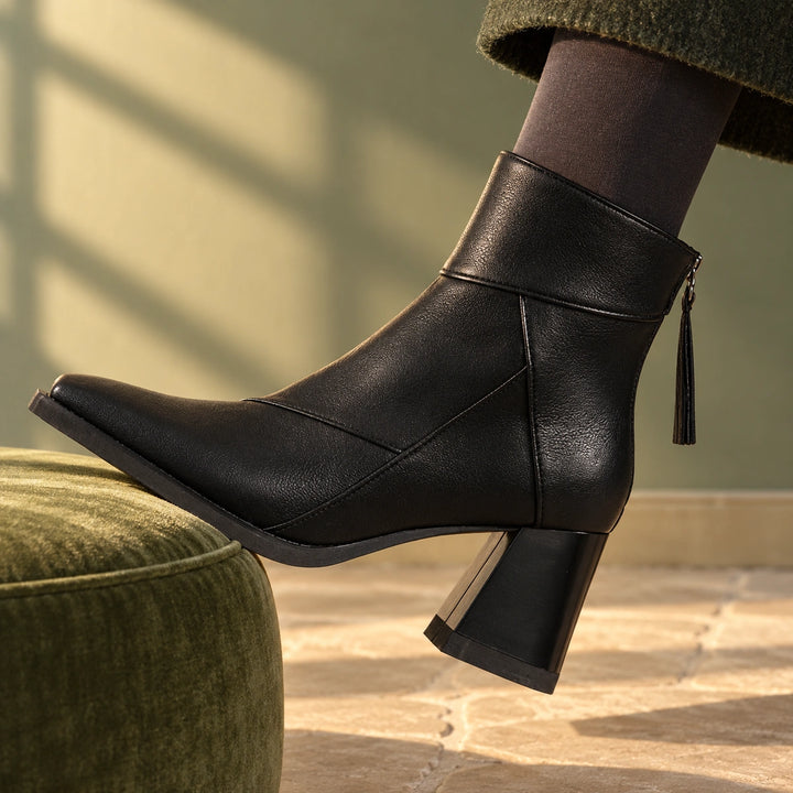 Keira Leather Patchwork Block Heel Ankle Boots - Midnight