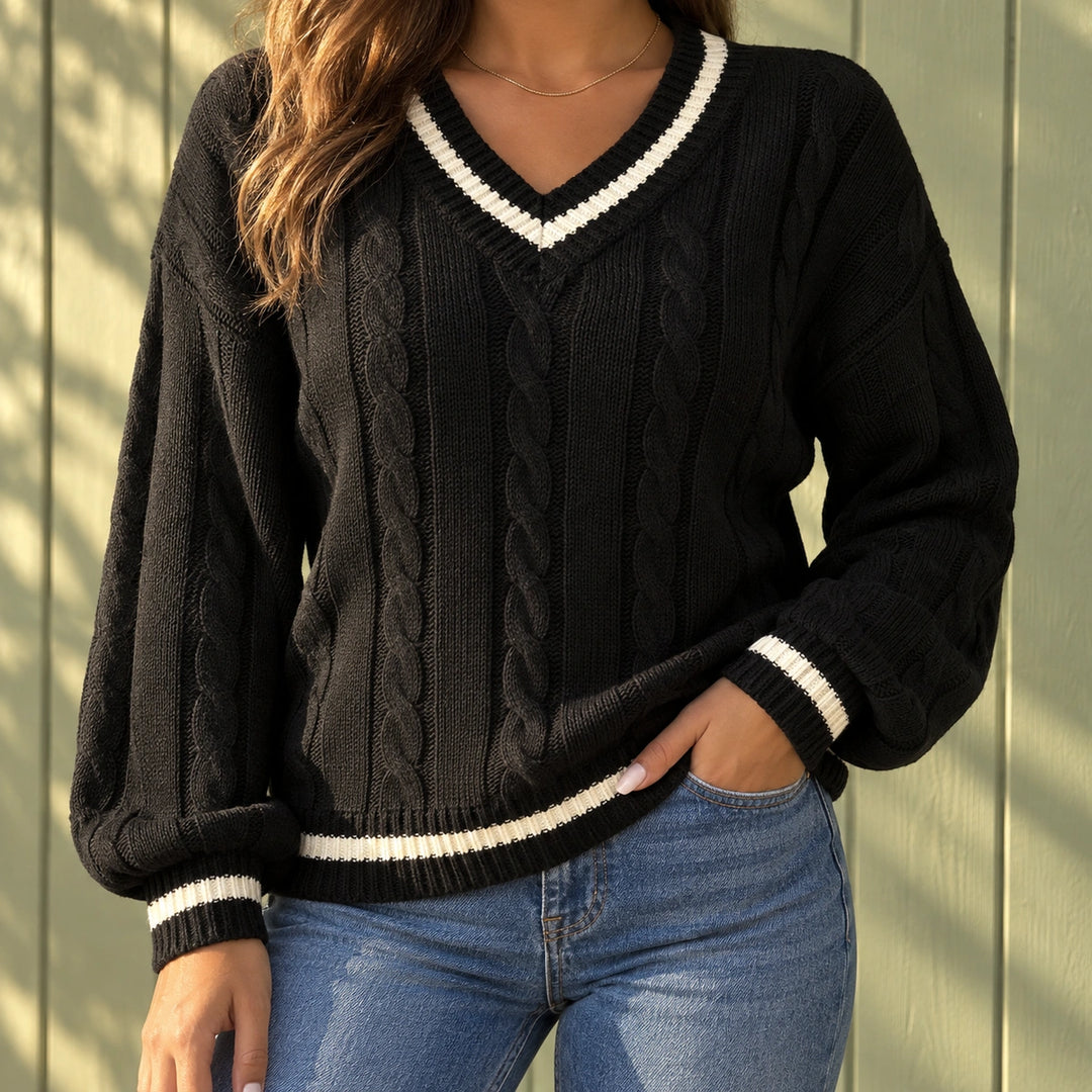 Kelly Cable Knit Varsity V-Neck Sweater - Black