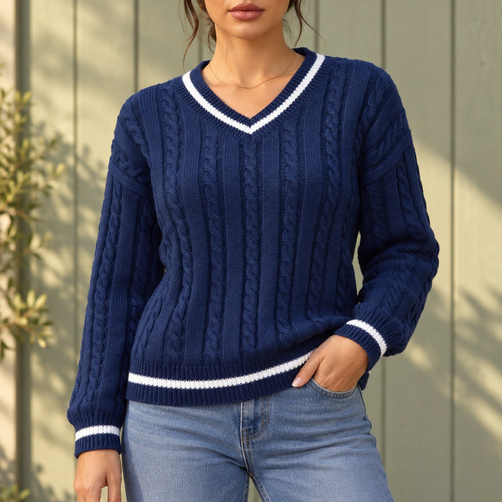 Kelly Cable Knit Varsity V-Neck Sweater - Blue