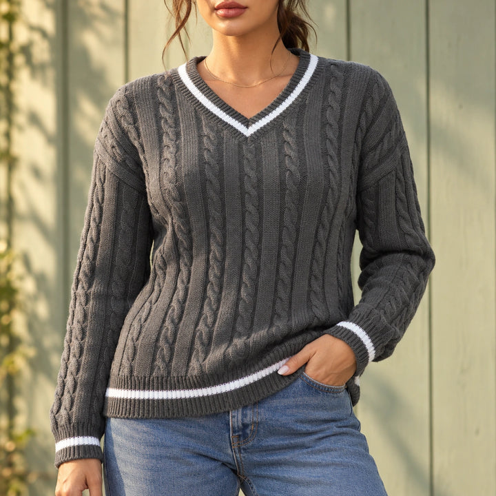Kelly Cable Knit Varsity V-Neck Sweater - Gray