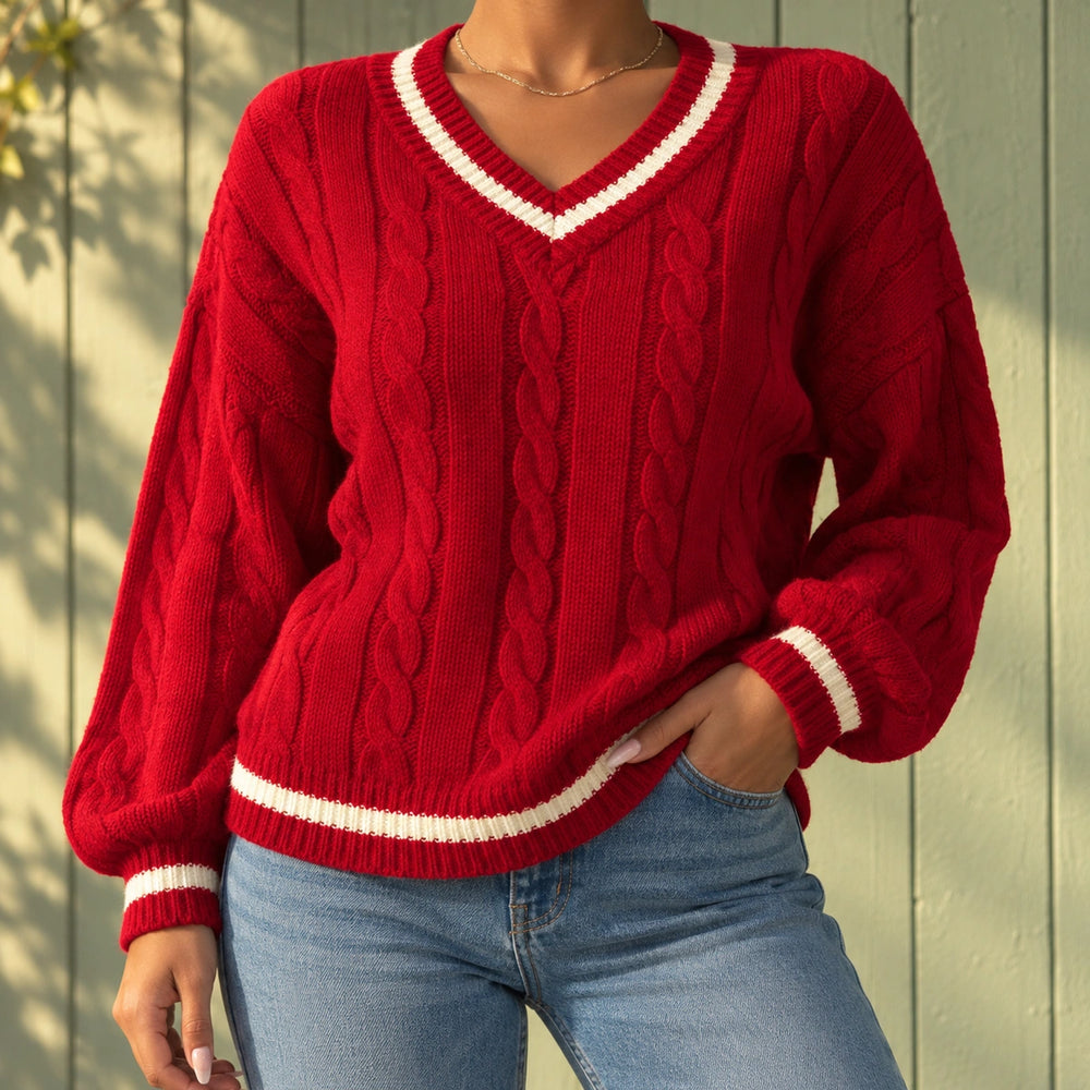 Kelly Cable Knit Varsity V-Neck Sweater - Red