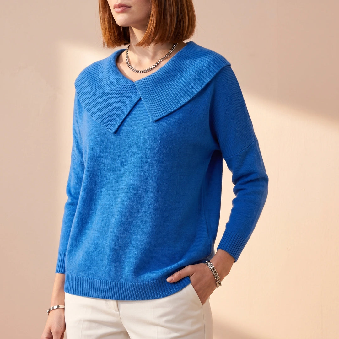 Kerensa Wool Blend Fold Over Collar Sweater - Blue
