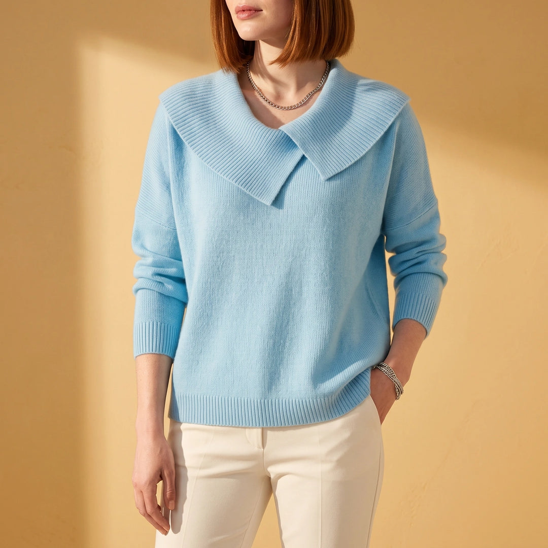 Kerensa Wool Blend Fold Over Collar Sweater - Light Blue