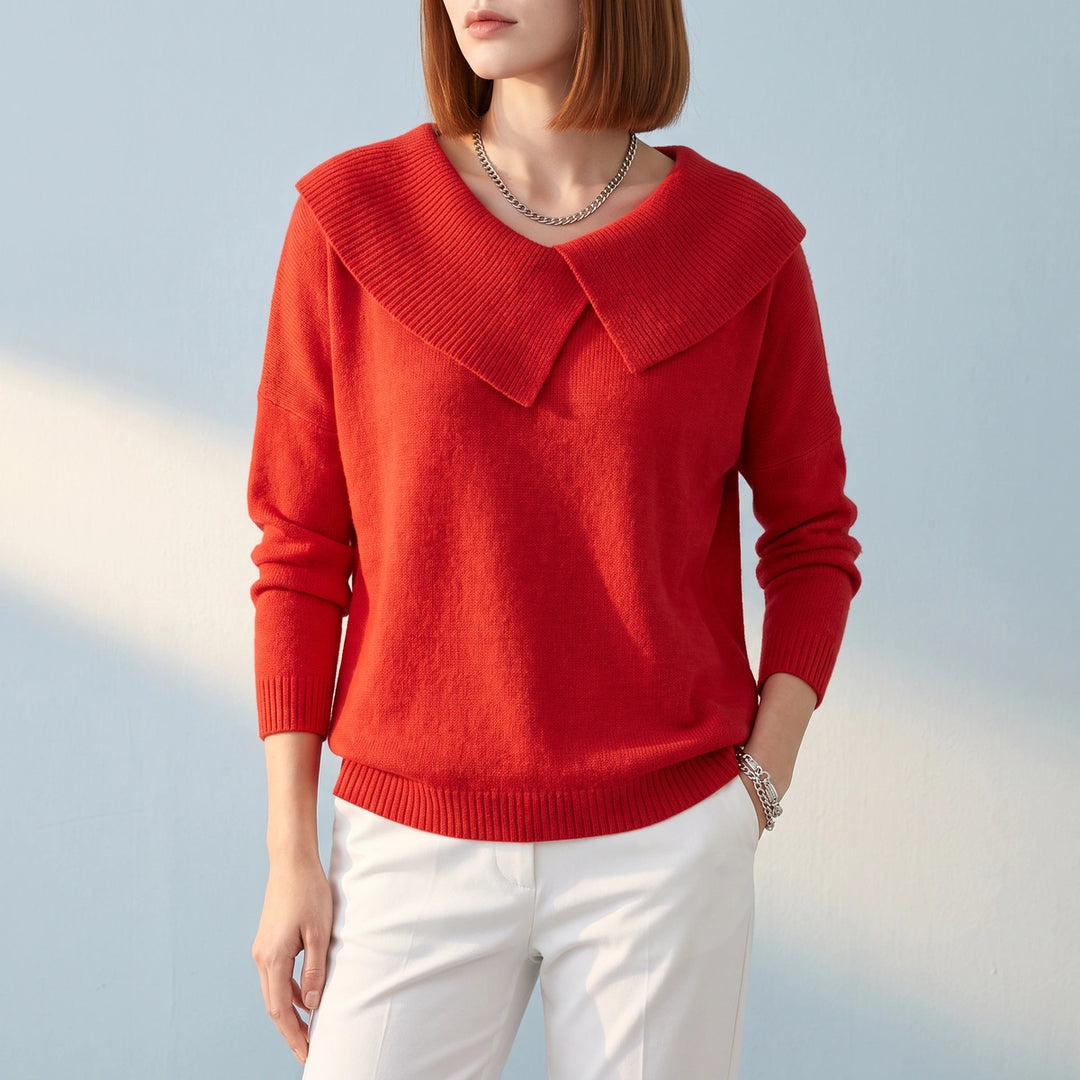 Kerensa Wool Blend Fold Over Collar Sweater - Red