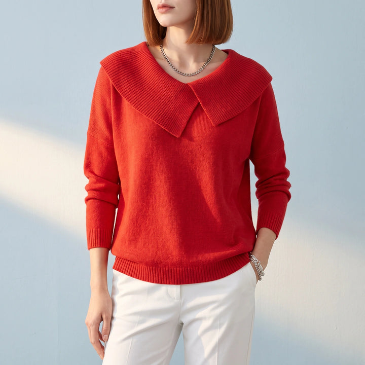 Kerensa Wool Blend Fold Over Collar Sweater - Red