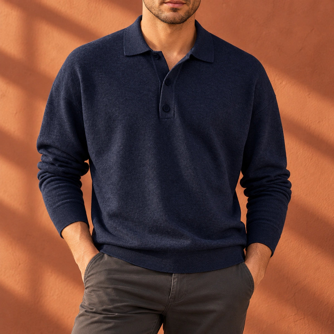 Kevin Cotton Knit Collared Polo Sweater - Dark Blue