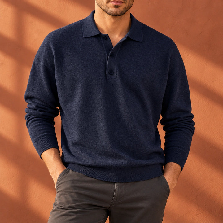 Kevin Cotton Knit Collared Polo Sweater - Dark Blue