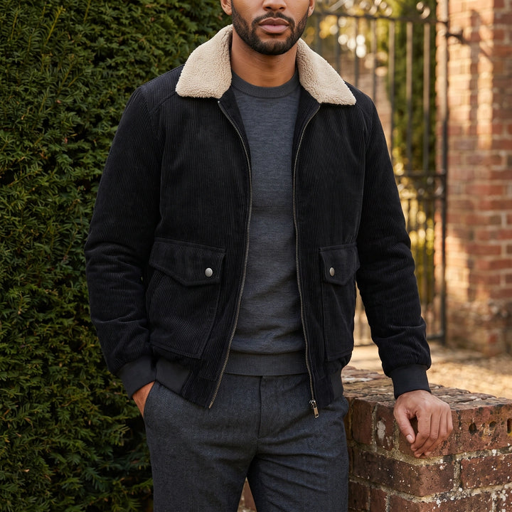 Kingsley Sherpa Collar Corduroy Jacket - Black