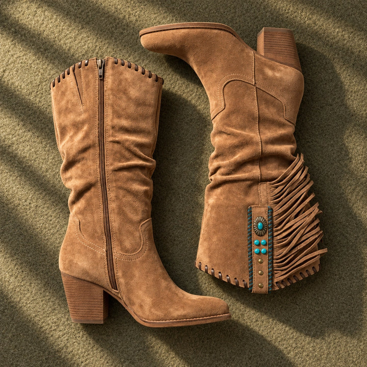 Laurel Suede Fringe Slouch Western Boots - Brown