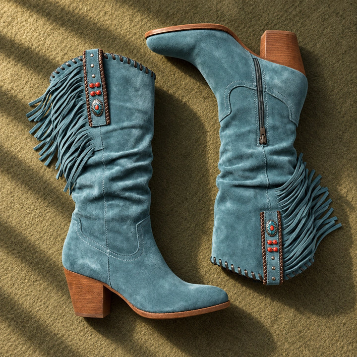 Laurel Suede Fringe Slouch Western Boots - Green