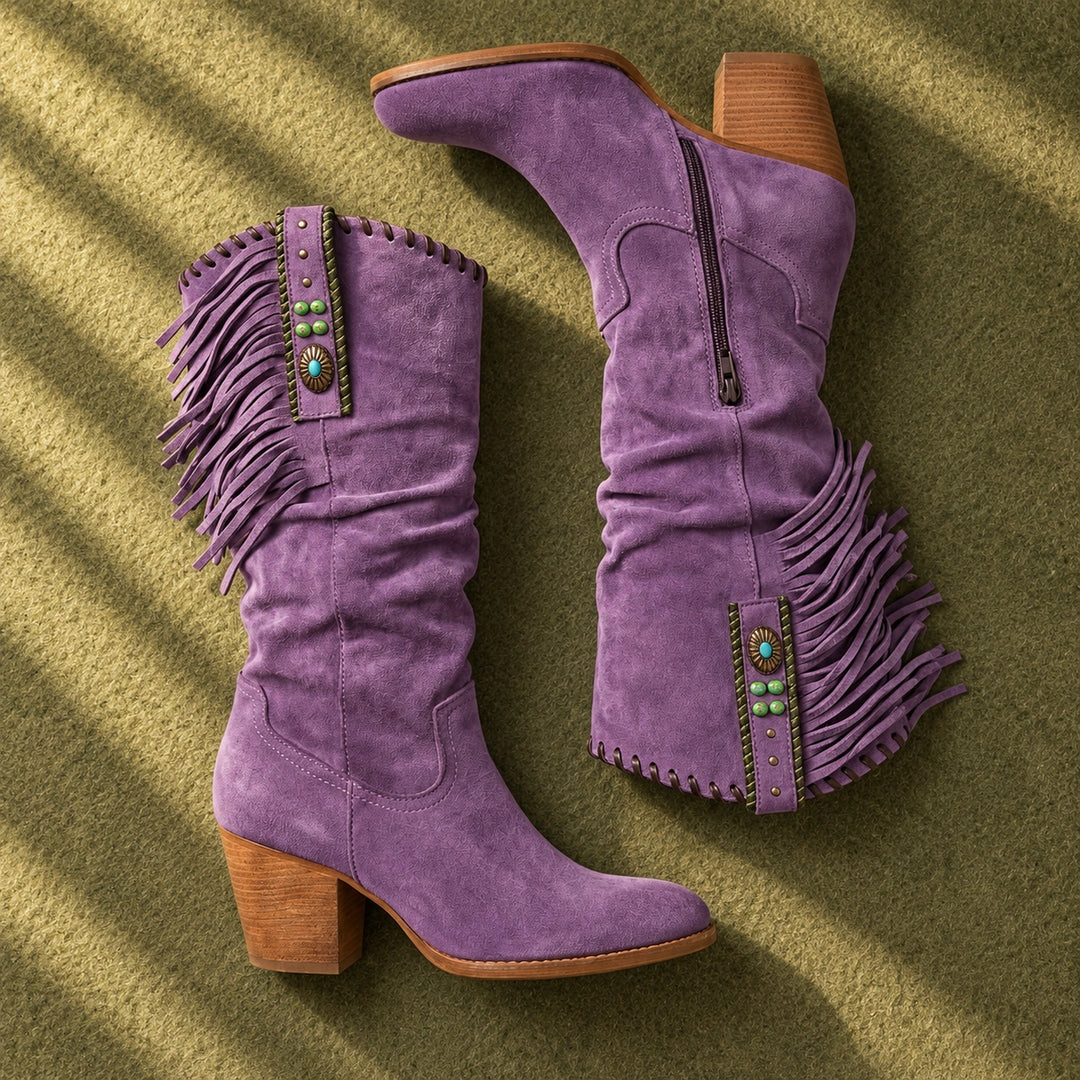 Laurel Suede Fringe Slouch Western Boots - Purple