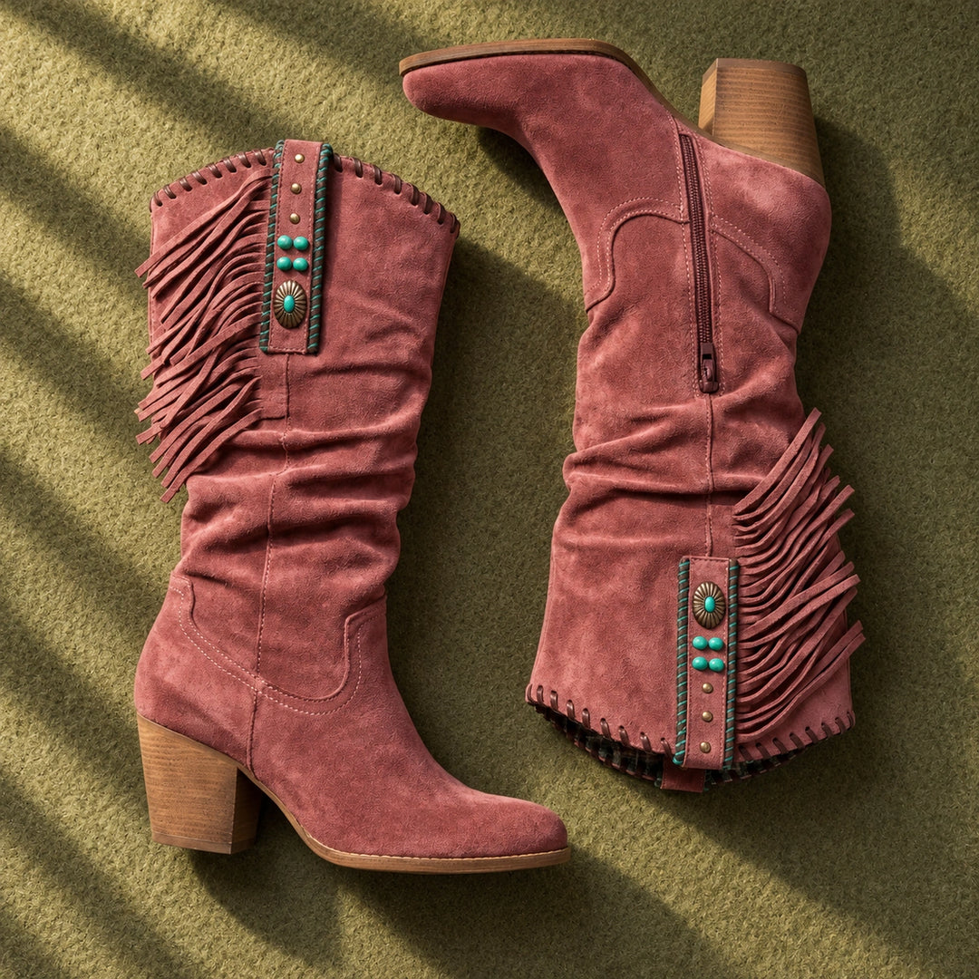 Laurel Suede Fringe Slouch Western Boots - Red