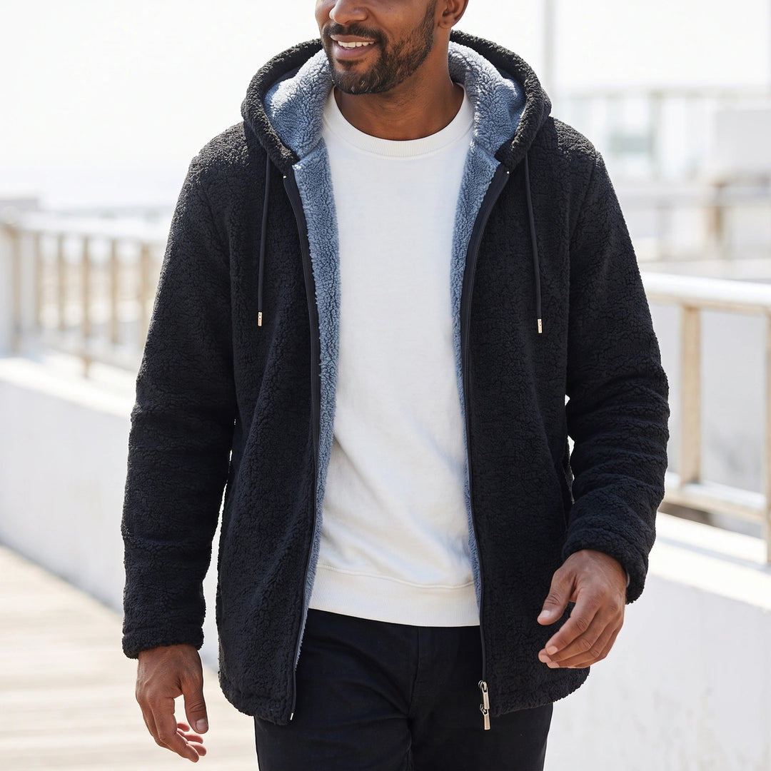 Leif Fleece Lined Long Hooded Zip Jacket - Black