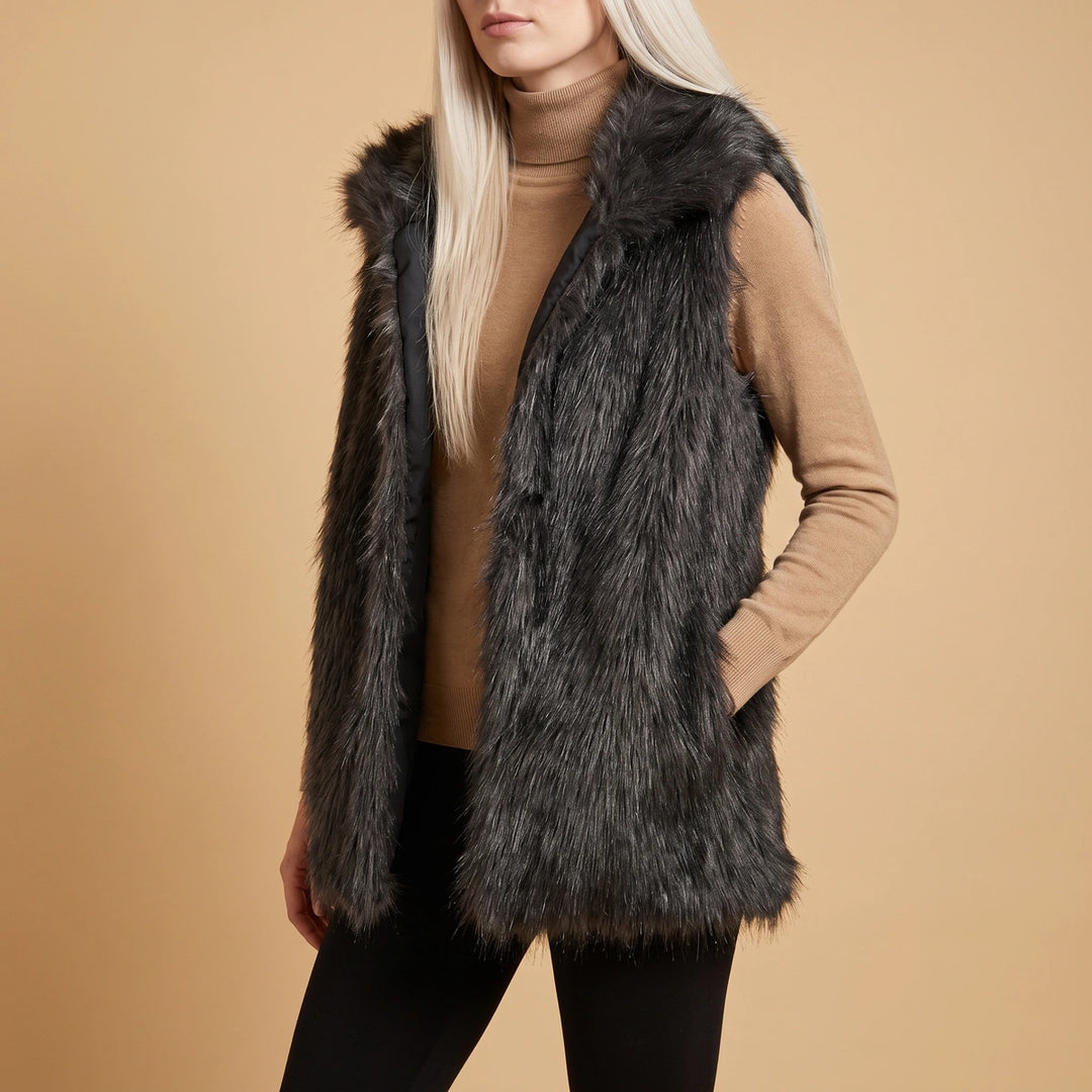 Leona Faux Fur Lapel Vest - Black