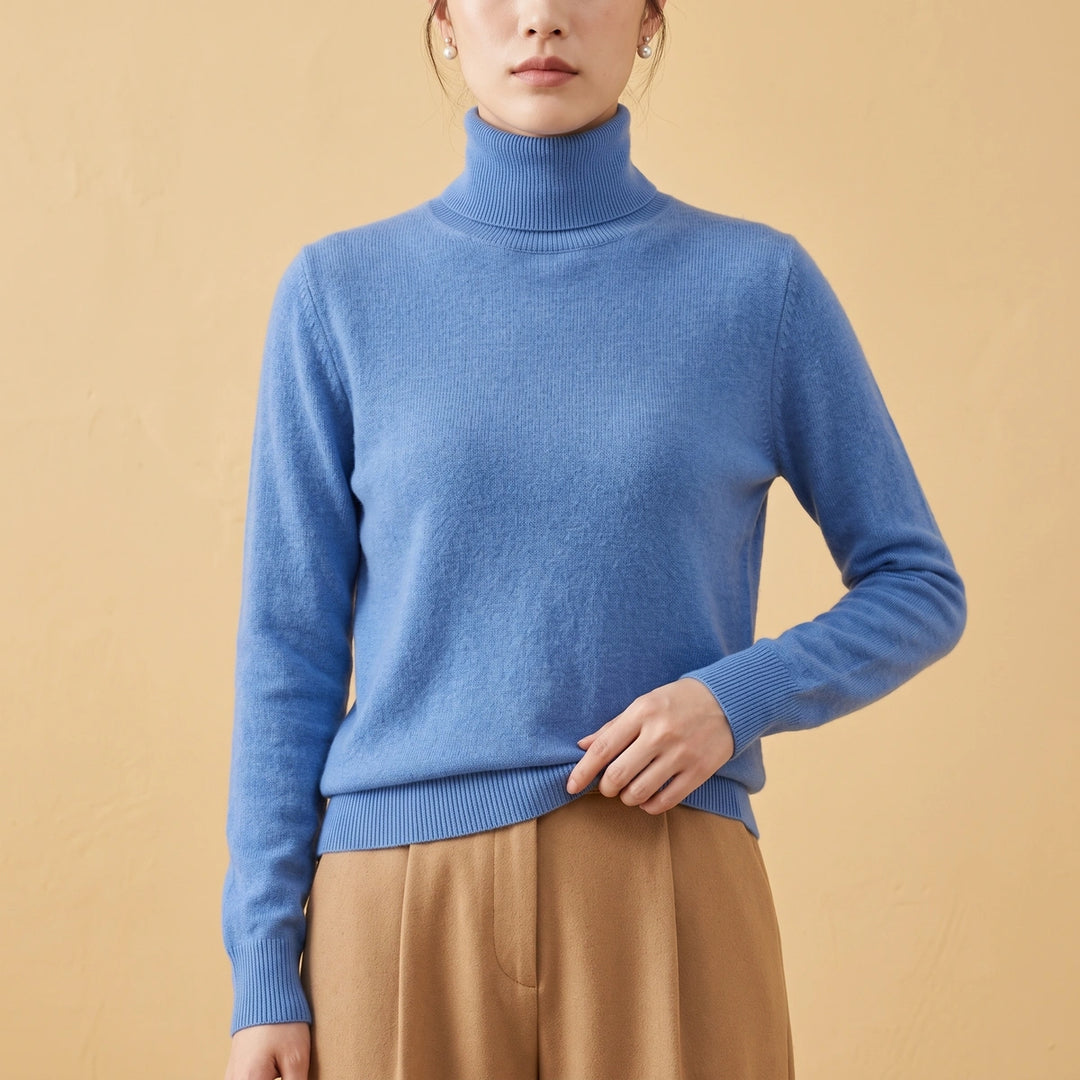 Leonora Cashmere Fold Over Turtleneck Sweater - Blue