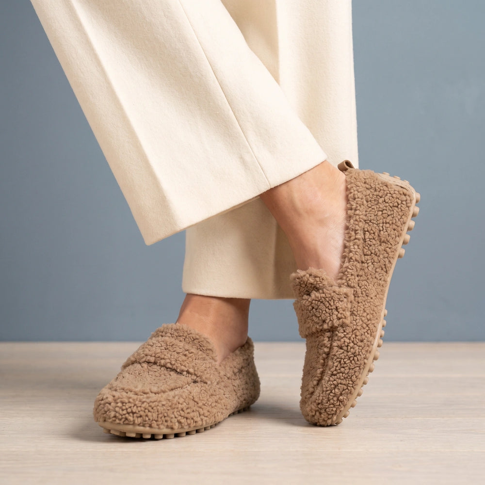 Letizia Teddy Fleece Slip On Driving Loafers - Khaki